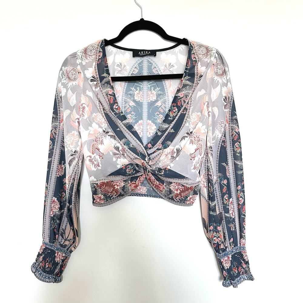 AKIRA Floral Wrap Long Sleeve Multicolor Tie Top Size Small